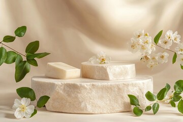Aufkleber - podium made of light beige marble and stone for displaying cosmetics and products on a beige background with flowers and green leaves. 