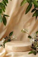 Aufkleber - podium made of light beige marble and stone for displaying cosmetics and products on a beige background with flowers and green leaves. 