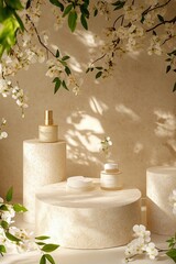 Aufkleber - podium made of light beige marble and stone for displaying cosmetics and products on a beige background with flowers and green leaves. 