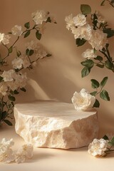 Aufkleber - podium made of light beige marble and stone for displaying cosmetics and products on a beige background with flowers and green leaves. 