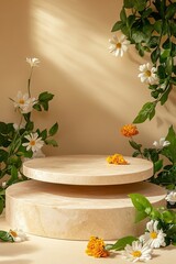 Aufkleber - podium made of light beige marble and stone for displaying cosmetics and products on a beige background with flowers and green leaves. 