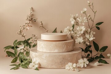 Aufkleber - podium made of light beige marble and stone for displaying cosmetics and products on a beige background with flowers and green leaves. 