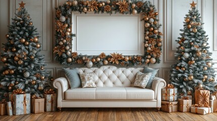 Wall Mural - blank frame amid festive decorations. suitable for holiday themed designs, christmas promotions, and