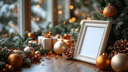 Wall Mural - blank frame amid festive decorations. suitable for holiday themed designs, christmas promotions, and