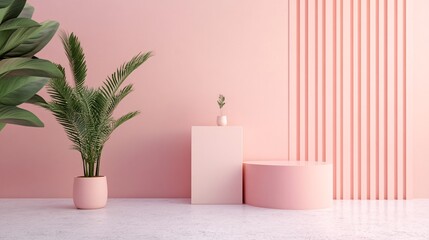 Poster - Pink display podium with plants showing cosmetic products