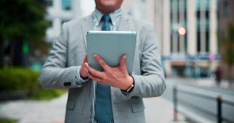 Aufkleber - Businessman, tablet and walking in city for communication, networking and research with internet. Real estate, hands and travel for corporate email, property investment and location search in Japan