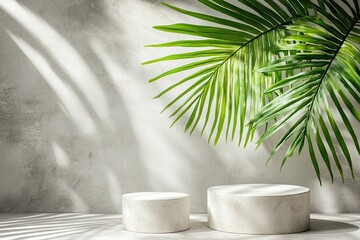 Aufkleber - Podiums with a white texture against a clean background combined with the natural shadow of an overhanging palm leaf are ideal for displaying tropical-inspired products.