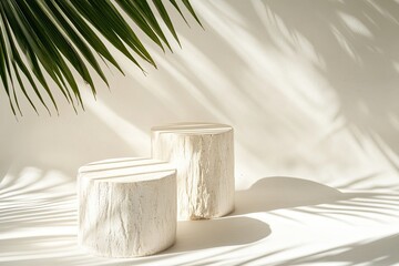 Aufkleber - Podiums with a white texture against a clean background combined with the natural shadow of an overhanging palm leaf are ideal for displaying tropical-inspired products.
