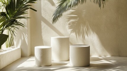 Aufkleber - Podiums with a white texture against a clean background combined with the natural shadow of an overhanging palm leaf are ideal for displaying tropical-inspired products.
