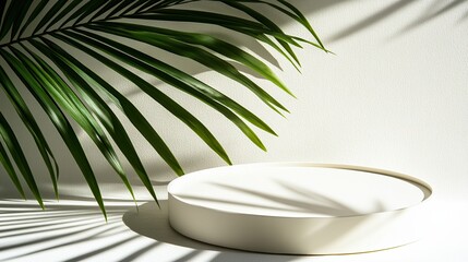 Aufkleber - Podiums with a white texture against a clean background combined with the natural shadow of an overhanging palm leaf are ideal for displaying tropical-inspired products.