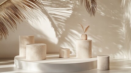 Aufkleber - Podiums with a white texture against a clean background combined with the natural shadow of an overhanging palm leaf are ideal for displaying tropical-inspired products.