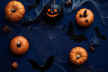 Canvas Print - halloween party background from pumpkins, bats, spider web top view. happy halloween holiday greetin