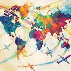 Aufkleber - I Love Traveling - Air Transport, Tourism Concept, Vector Illustration - Design with Flying Airplane on an Intercontinental Long Distance Route Leaves a Colorful Heart Shaped Trace on a Gray World Map