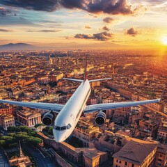 Poster - Traveling Around the World - Air Transportation Concept, Travel by Airplane - World Map and Earth Globe Design with Plane Flying Intercontinental Routes to Various Destinations
