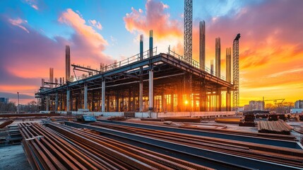 Poster - Sunset illuminates a large building under construction