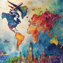Poster - I Love Traveling - Air Transport, Tourism Concept, Vector Illustration - Design with Flying Airplane on an Intercontinental Long Distance Route Leaves a Colorful Heart Shaped Trace on a Gray World Map