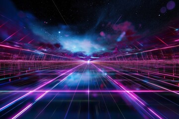 Poster - A glowing grid landscape stretching toward a neon horizon under a digital starry sky