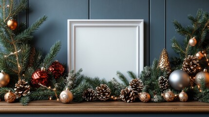 Wall Mural - Blank frame amid festive decorations. Suitable for holiday themed designs, Christmas promotions, and customizable greetings. Perfect for adding personalized messages