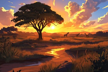 Wall Mural - A golden hour savanna with a lone acacia tree and distant silhouettes of giraffes.