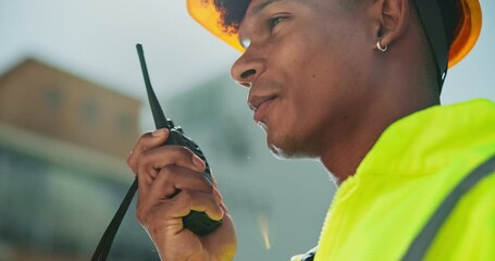Poster - Construction worker, man and talking on radio outdoor for inspection update, project management and maintenance. Contractor, person and instructions for safety check and property renovation feedback