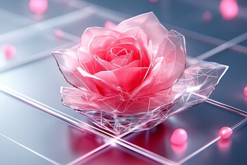 Poster - A holographic digital rose blooming against a stark, minimalist gray background.