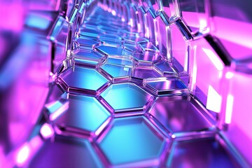 Poster - A luminous tunnel made of overlapping hexagons, radiating a blue and purple glo