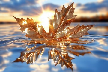 Poster - A single golden maple leaf floating on still water, reflecting a sunset sky