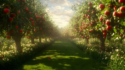 Wall Mural - sunlit orchard path lined with apple trees laden with ripe red apples.