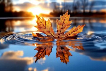 Poster - A single golden maple leaf floating on still water, reflecting a sunset sky