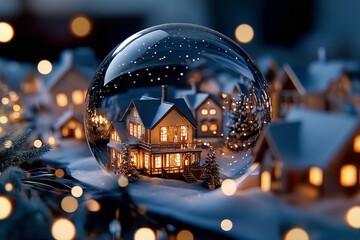 Poster - A snow globe-like scene of a small winter village with golden light glowing inside each house.