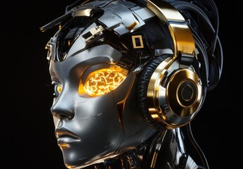 Poster - Futuristic robotic head with glowing orange eye, sleek metallic surface, and high-tech headphones, showcasing advanced technology and artificial intelligence in a cinematic style.