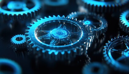 Poster - Intricate Close-up of Blue Metallic Gears with Reflections and Depth, Perfect for Illustrating Technology, Machinery, Engineering, and Innovation Concepts