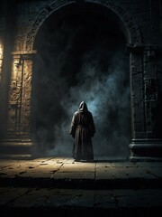 Wall Mural - Shadowy figure in robes guarding a mysterious portal.