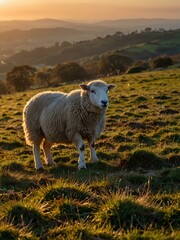 Wall Mural - Sheep grazing at sunset on Malvern Hills.