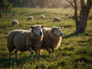 Wall Mural - Sheep grazing in a meadow.