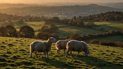 Wall Mural - Sheep grazing at sunset on the Malvern Hills.