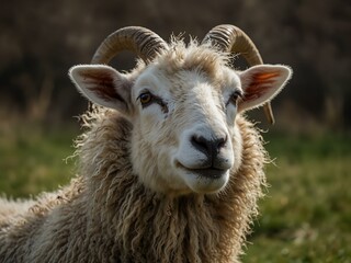 Wall Mural - Sheep with curved horns in the grass