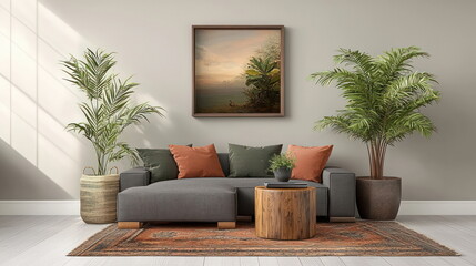 Poster - Cozy living room setup with plants and art modern home interior design bright space