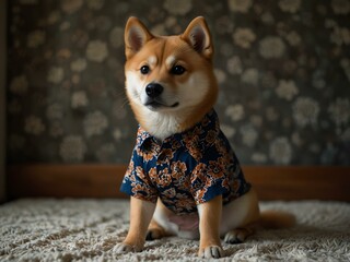 Wall Mural - Shiba Inu in a batik shirt.