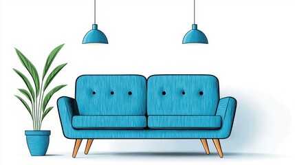 Poster - Digital illustration of modern living room with blue couch and potted plant
