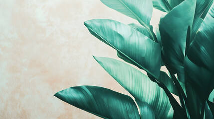 Wall Mural - teal tropical leaves against a peach background.