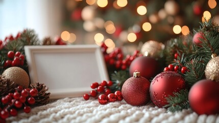 Wall Mural - blank frame amid festive decorations. suitable for holiday themed designs, christmas promotions, and