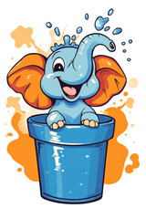 Poster - Grumpy. A cheerful blue elephant splashes water playfully from a bucket, surrounded by vibrant orange splashes, creating a fun and whimsical scene.