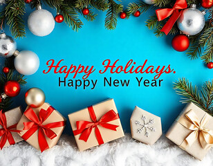 Aufkleber - Merry Christmas and Happy Holidays greeting card, frame, banner. New Year. Noel. Christmas ornaments and gift on blue background top view. Winter xmas
