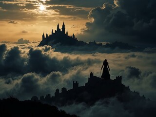 Wall Mural - Silhouette of a figure gazing at a dark castle in the clouds.