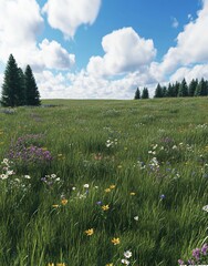 Canvas Print - A vibrant meadow filled with wildflowers under a blue sky and fluffy clouds.