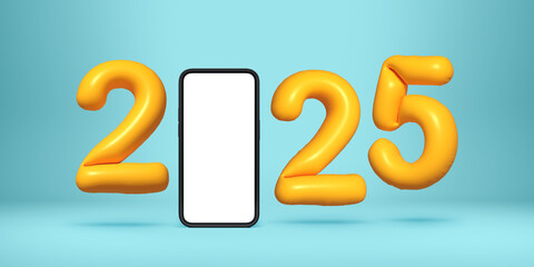 Poster - Smartphone mockup with blank screen placed between yellow balloon-style numbers forming 2025 on a blue background. 3D Rendering