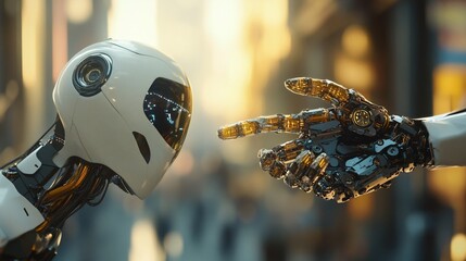 Poster - Futuristic robot interacting with another robot in city setting