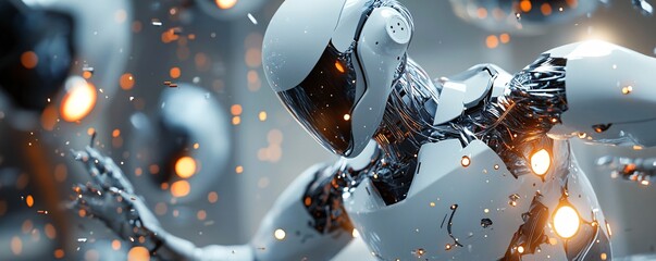 Poster - Futuristic white robot interacting with digital data stream