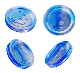 Poster - Four blue Bitcoin coins in various angles on a white background. Digital currency concept. 3D Rendering